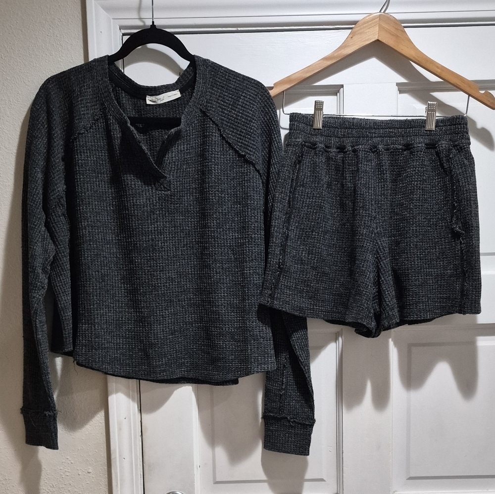 Rae Mode Black Mineral Wash Waffle Knit Lounge Set | Top & Shorts | Size L NEW